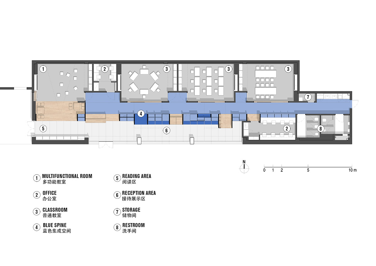 Crossboundaries designs blue sculptural spine as lively interface for Qkids English Center in China