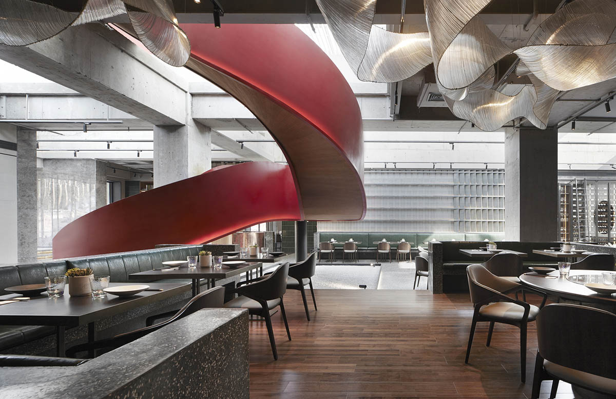 FUNUN LAB completes restaurant with ribbon-like red sculptural staircase in Beijing
