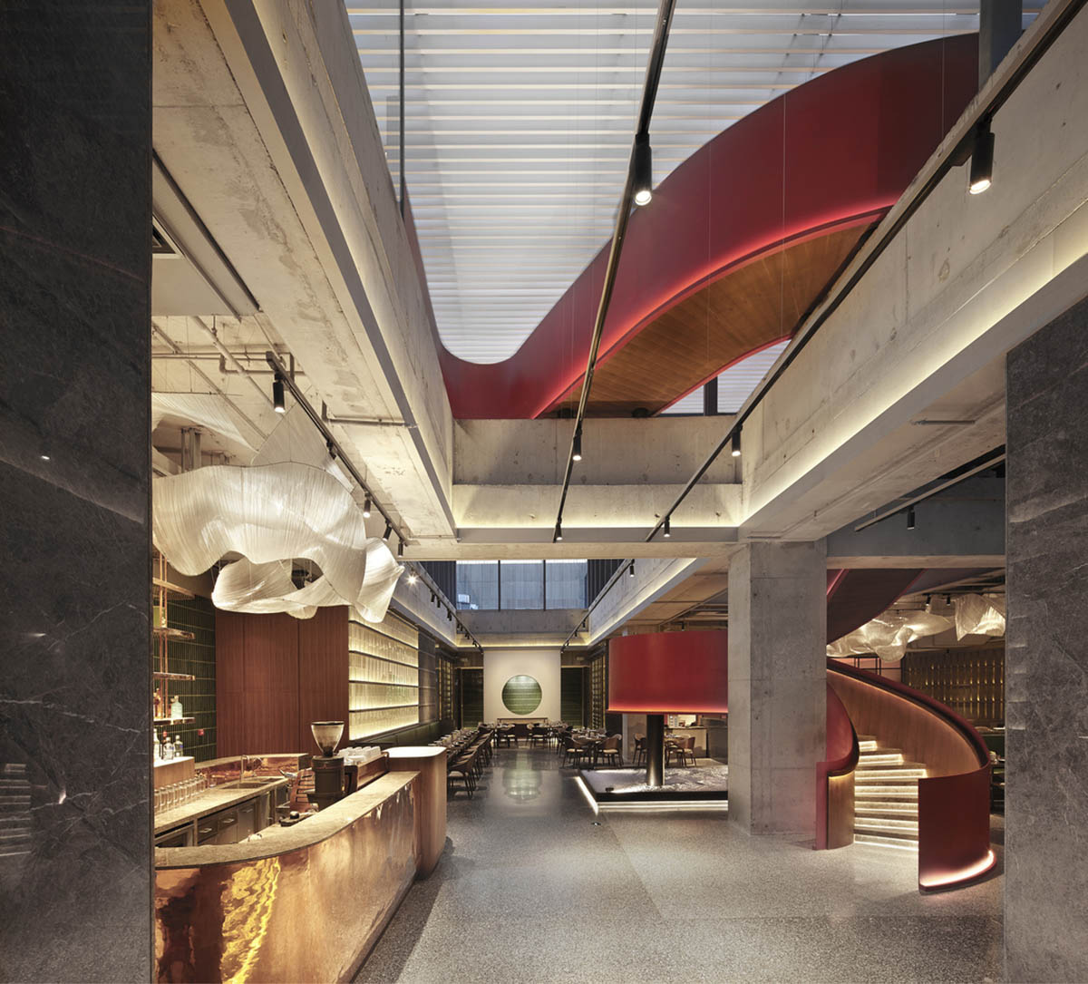 FUNUN LAB completes restaurant with ribbon-like red sculptural staircase in Beijing