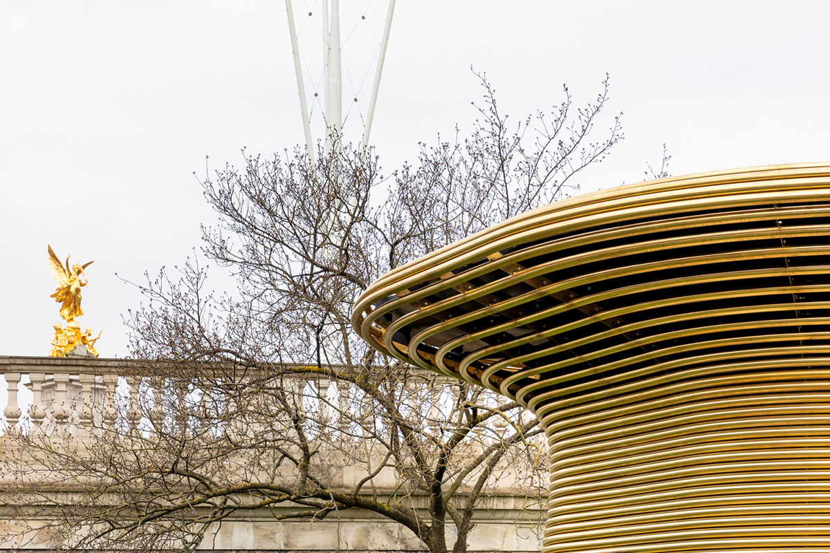 Coffee house by Mizzi Studio is made of sculptural brass skin with handcrafted details in London