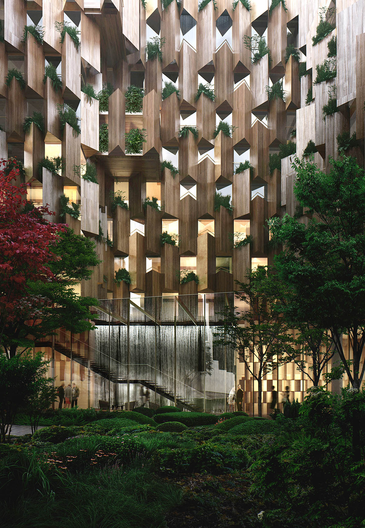 Kengo Kuma unveils design for Eco-Luxury Hotel comprised of wooden and plant covered facade