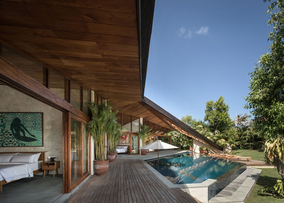 Giant sloping polygonal shading element marks Alexis Dornier's House Carbon in Bali