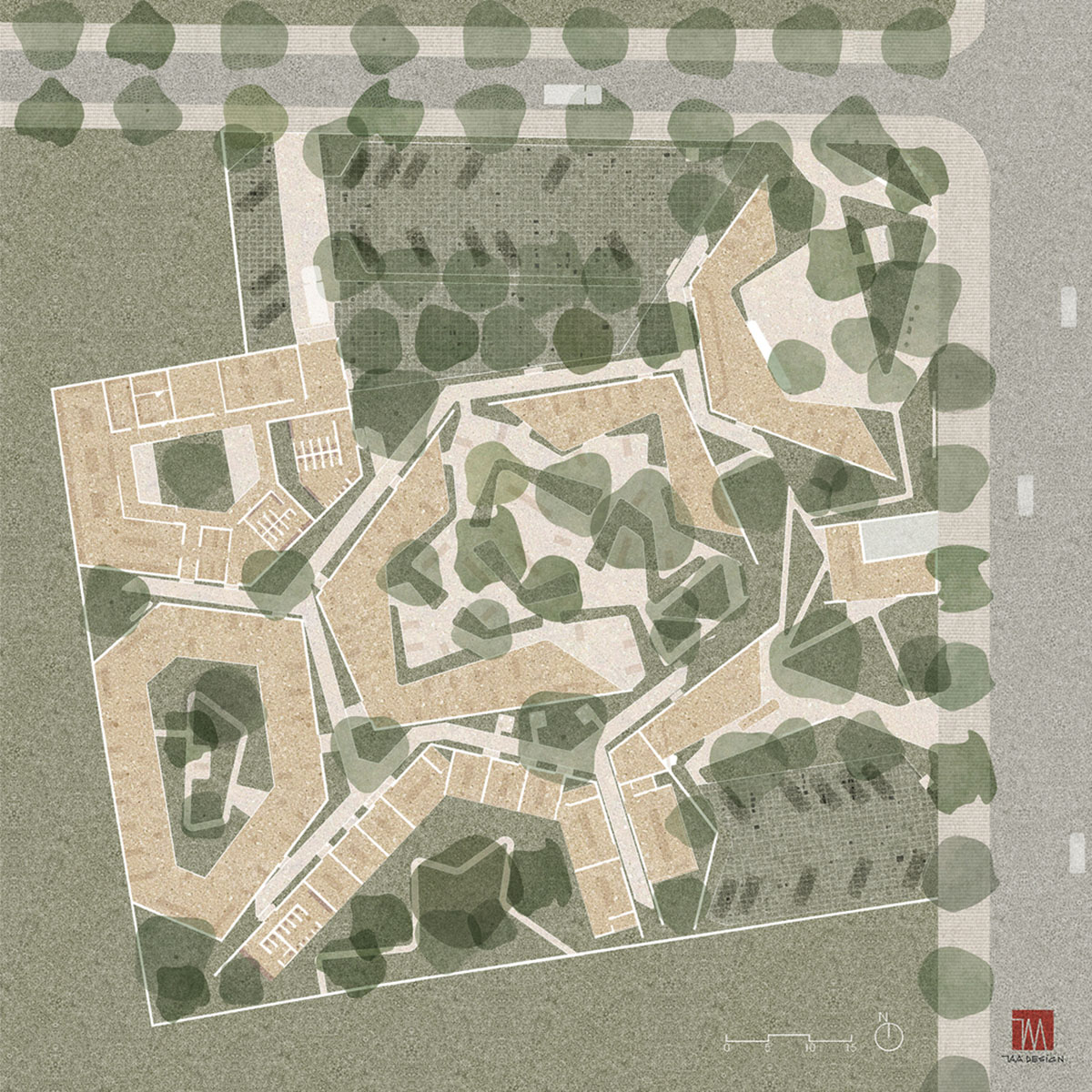 TAA DESIGN built public space with pitched roofs and rough concrete walls painted with pink tones