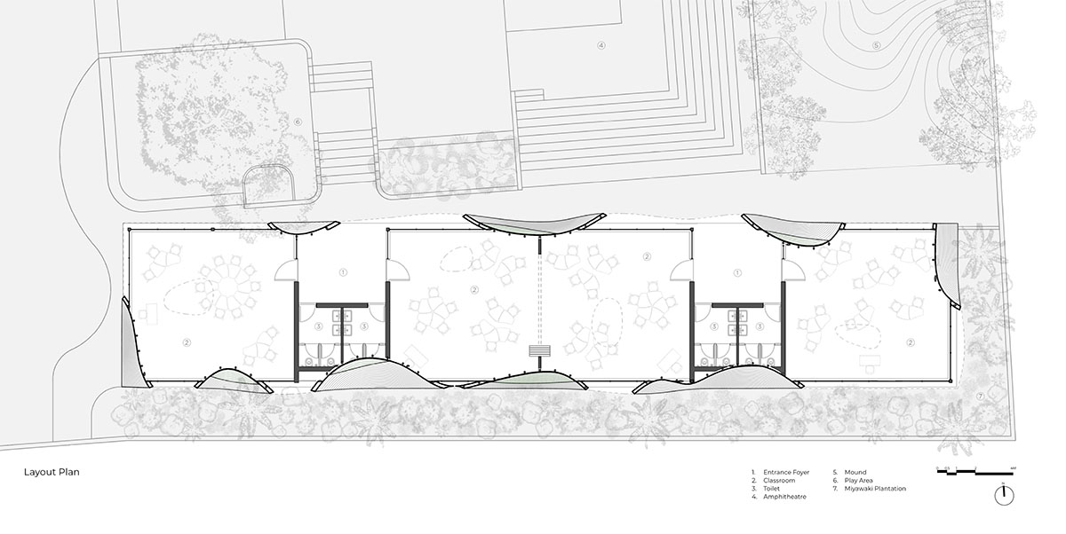 Undulating roof covers Cocoon School for unobstructed space in India 