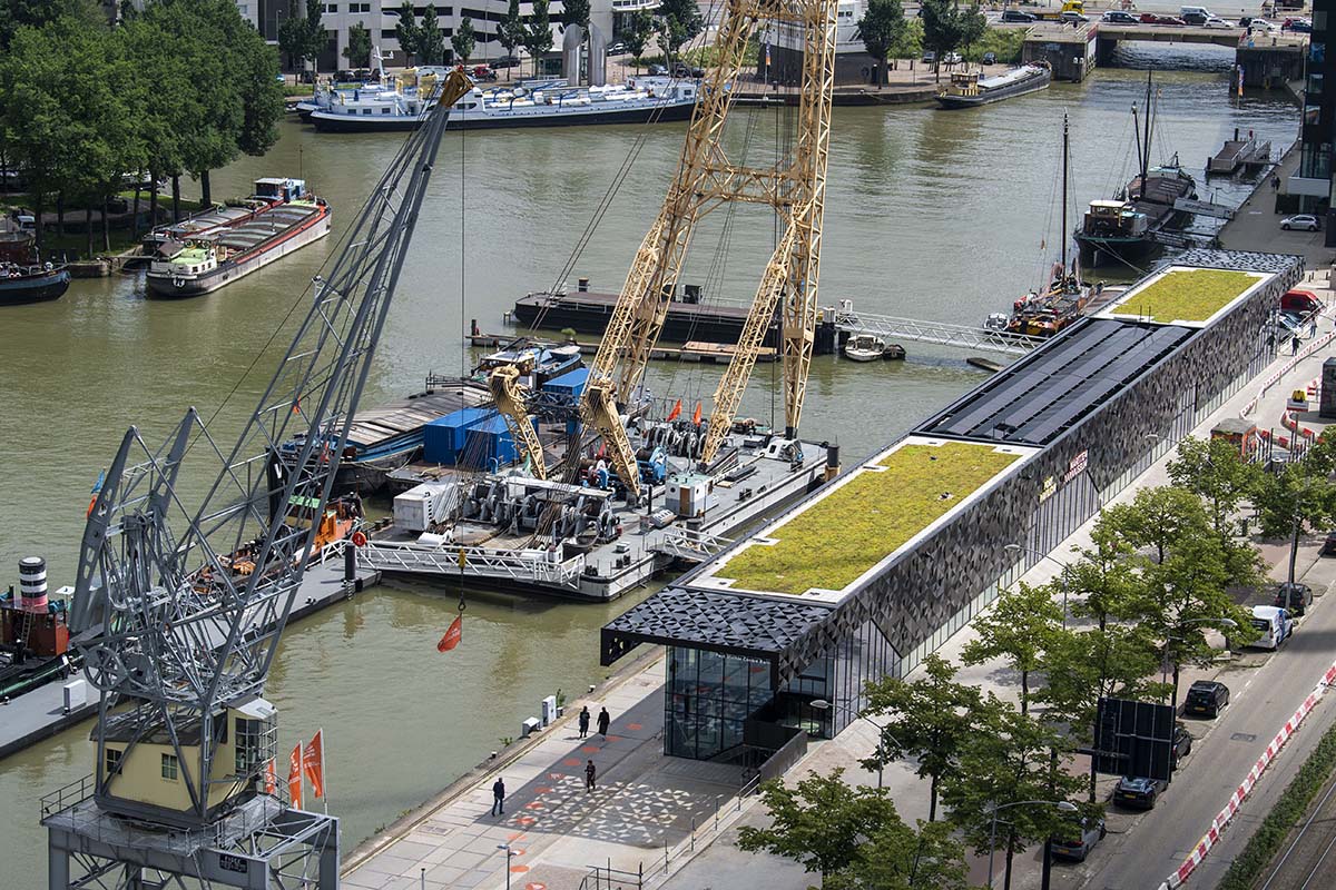 MoederscheimMoonen Architects completes Port Pavilion with black aluminum façade in Rotterdam