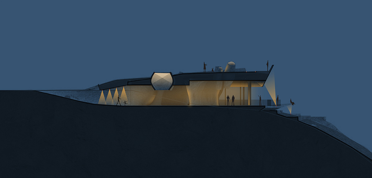 A gallery on a cliff features irregularly shaped lighting tubes that mimic marine creatures in China