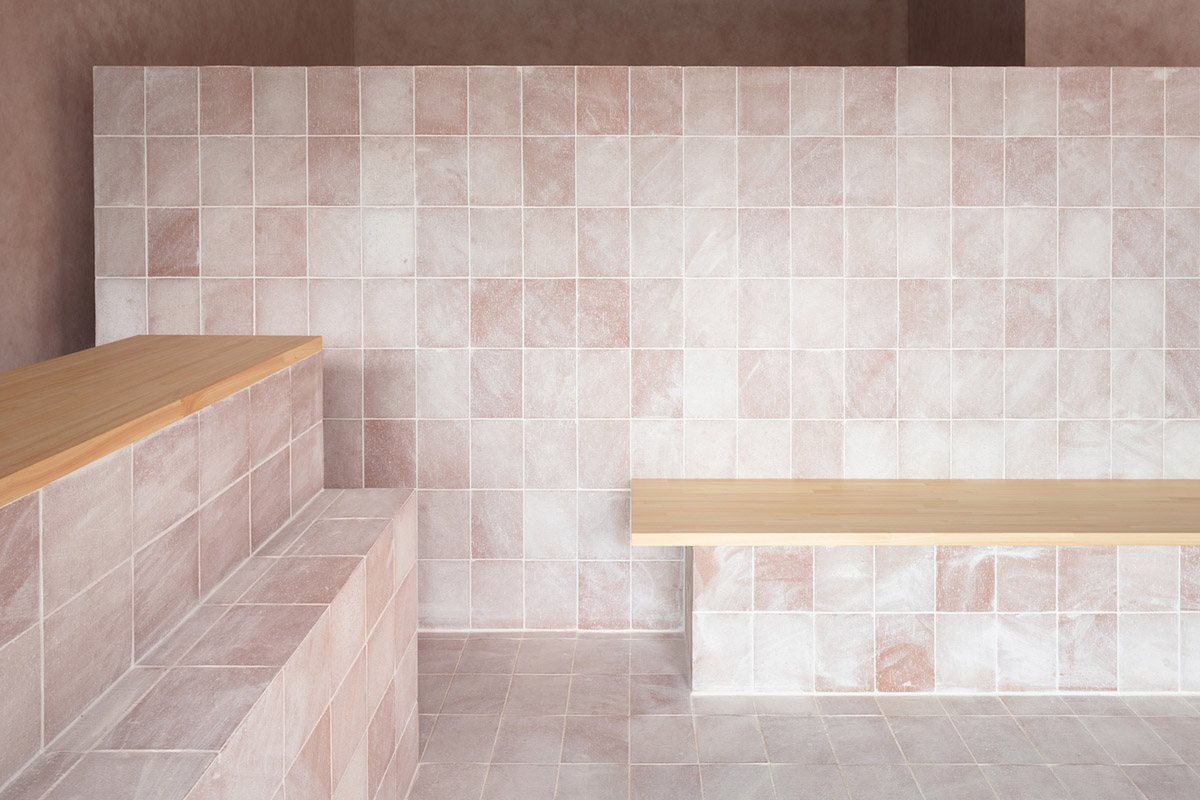 YYA / Yusuke Yoshino Architects creates hair salon made of pinkish walls and brick tiles in Osaka 