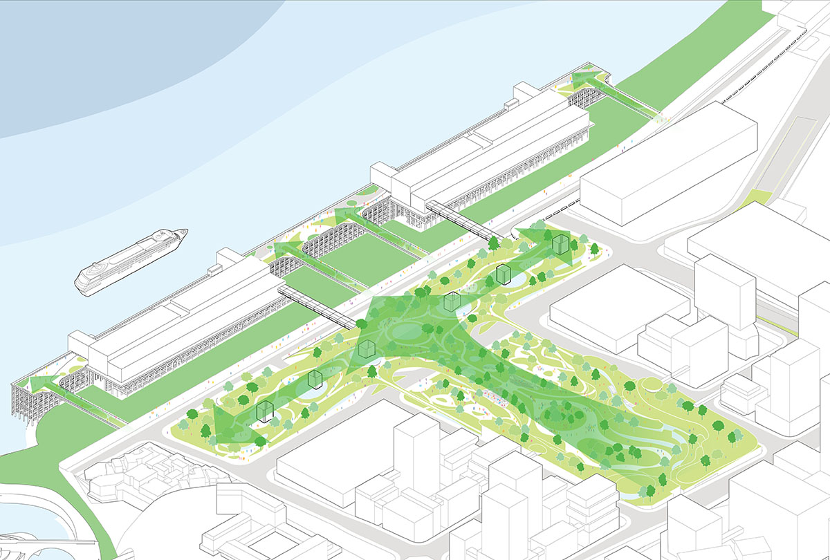 MAD designs futuristic walking city for cruise centre with elevated gantry crane-looking buildings 