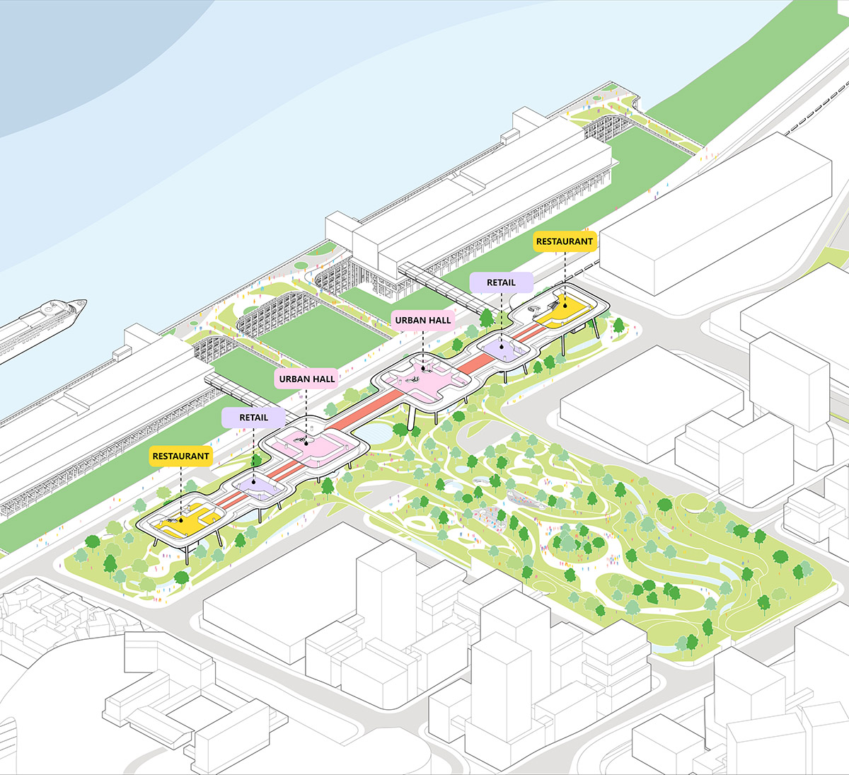 MAD designs futuristic walking city for cruise centre with elevated gantry crane-looking buildings 