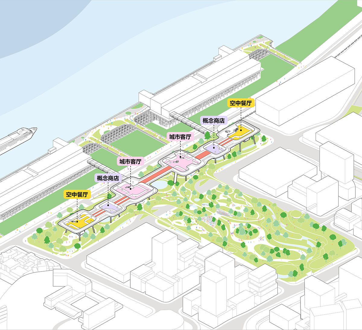 MAD designs futuristic walking city for cruise centre with elevated gantry crane-looking buildings 
