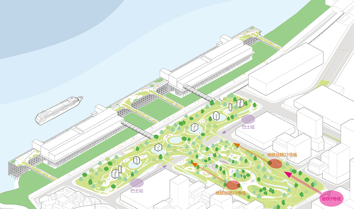 MAD designs futuristic walking city for cruise centre with elevated gantry crane-looking buildings 