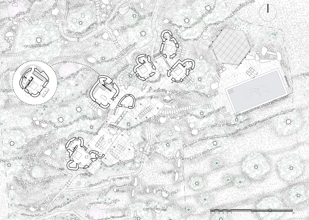 Pastoral round stone dwellings inform Meganisi House by Hiboux Architecture on Meganisi island