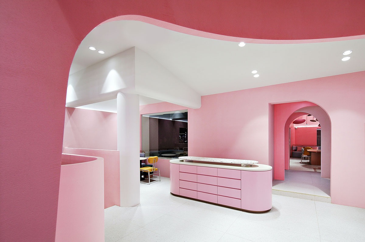 Collective B's beauty shop in South Korea features pink-hued colors and layered walls