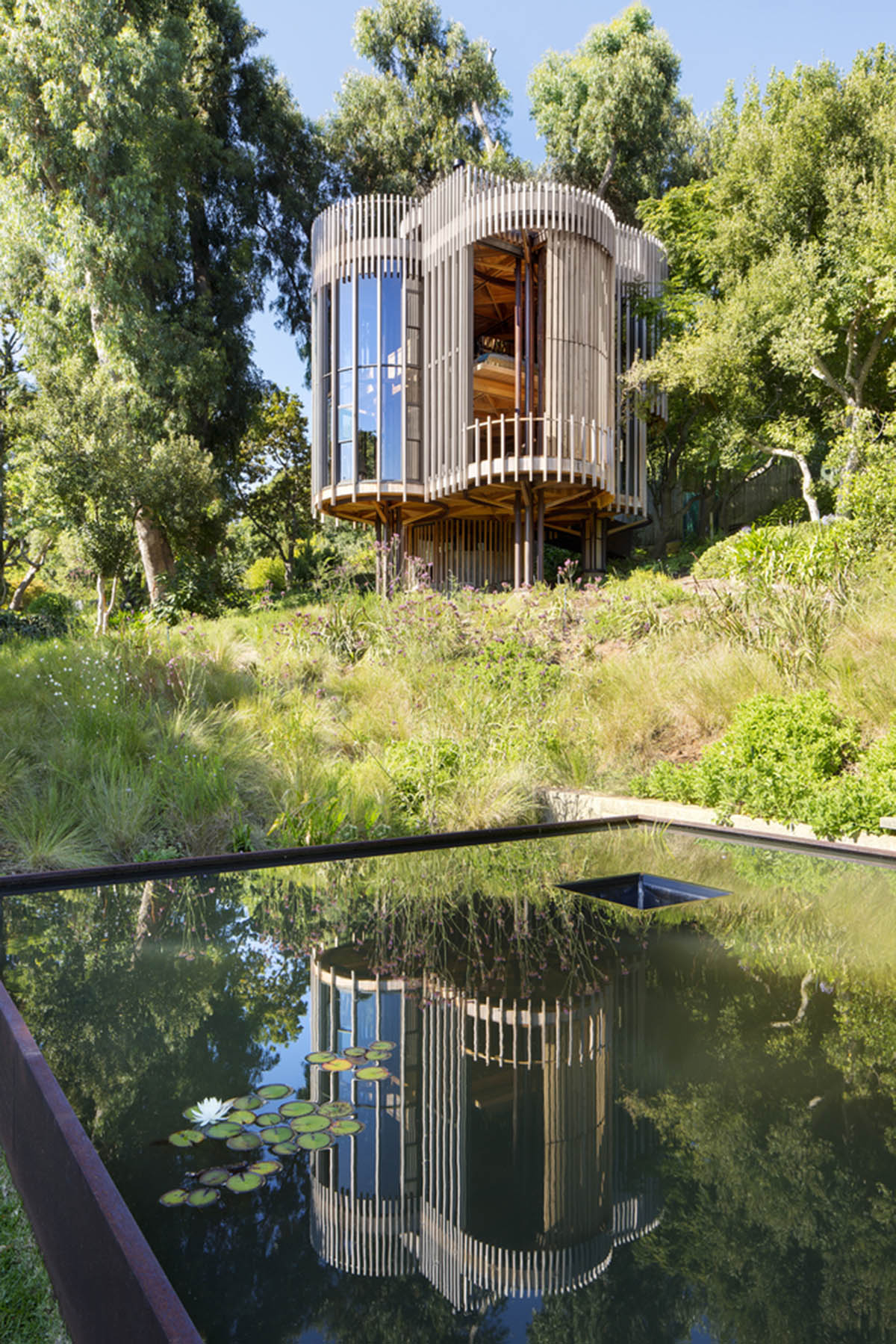 Circular tree house is raised over slender stilts to dominate the forest in every direction