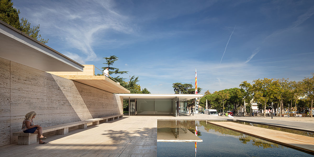 IAAC and Bauhaus Earth add Mass is More timber installation to Mies van der Rohe Pavilion