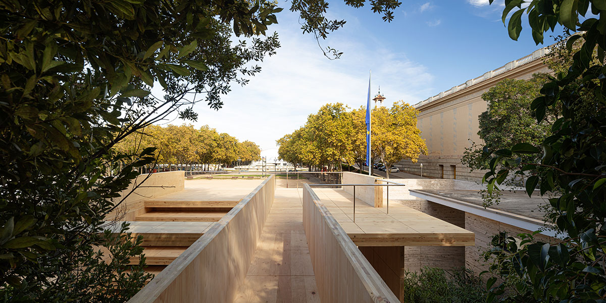 IAAC and Bauhaus Earth add Mass is More timber installation to Mies van der Rohe Pavilion