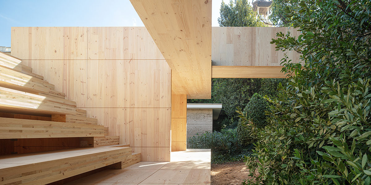IAAC and Bauhaus Earth add Mass is More timber installation to Mies van der Rohe Pavilion