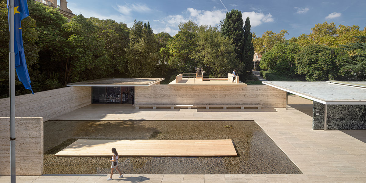 IAAC and Bauhaus Earth add Mass is More timber installation to Mies van der Rohe Pavilion