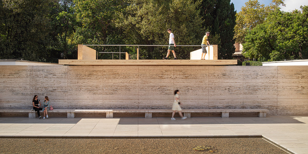 IAAC and Bauhaus Earth add Mass is More timber installation to Mies van der Rohe Pavilion