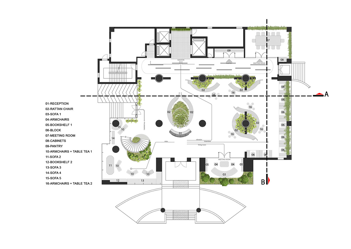 Copper-colored staircase and mini-bamboo trees provide tropical interior for this office in Vietnam