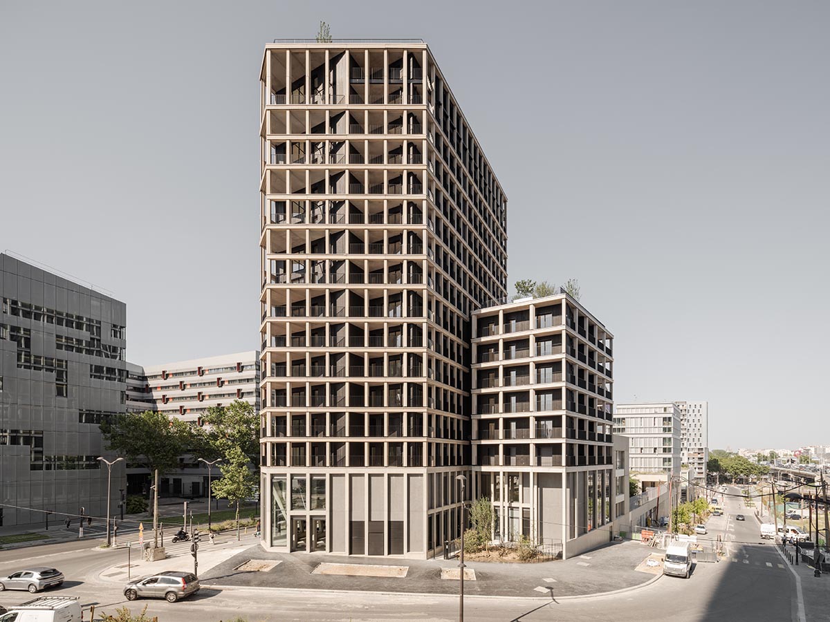 Moreau Kusunoki built residential timber tower with gridded facade in Paris 