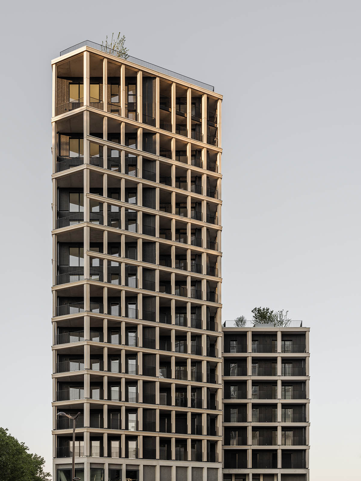 Moreau Kusunoki built residential timber tower with gridded facade in Paris 