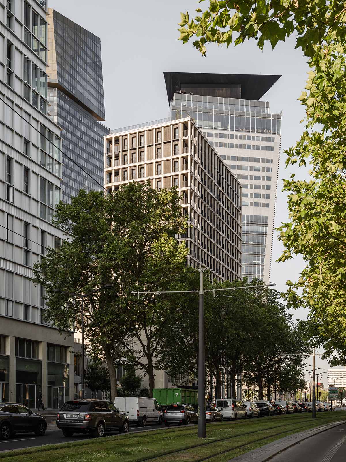 Moreau Kusunoki built residential timber tower with gridded facade in Paris 