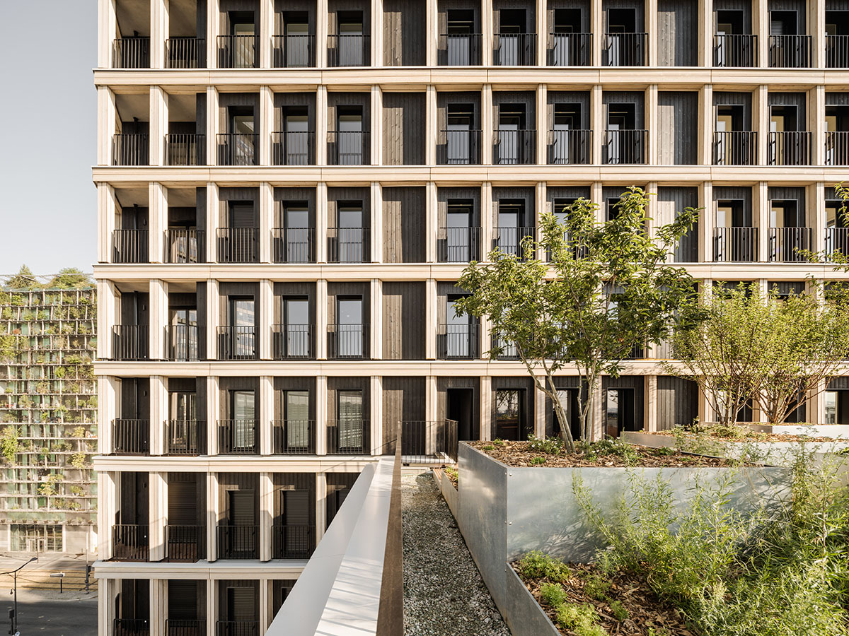 Moreau Kusunoki built residential timber tower with gridded facade in Paris 