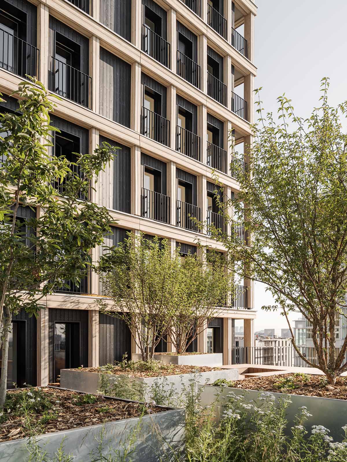 Moreau Kusunoki built residential timber tower with gridded facade in Paris 