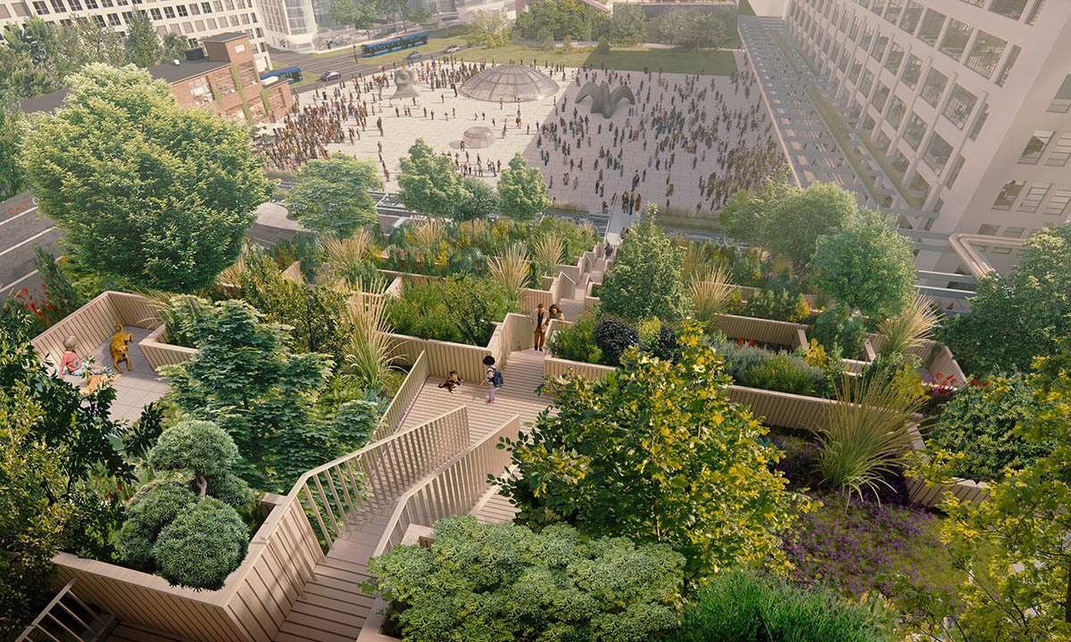 MVRDV designs tribune-like affordable housing with interconnected green spaces in Eindhoven