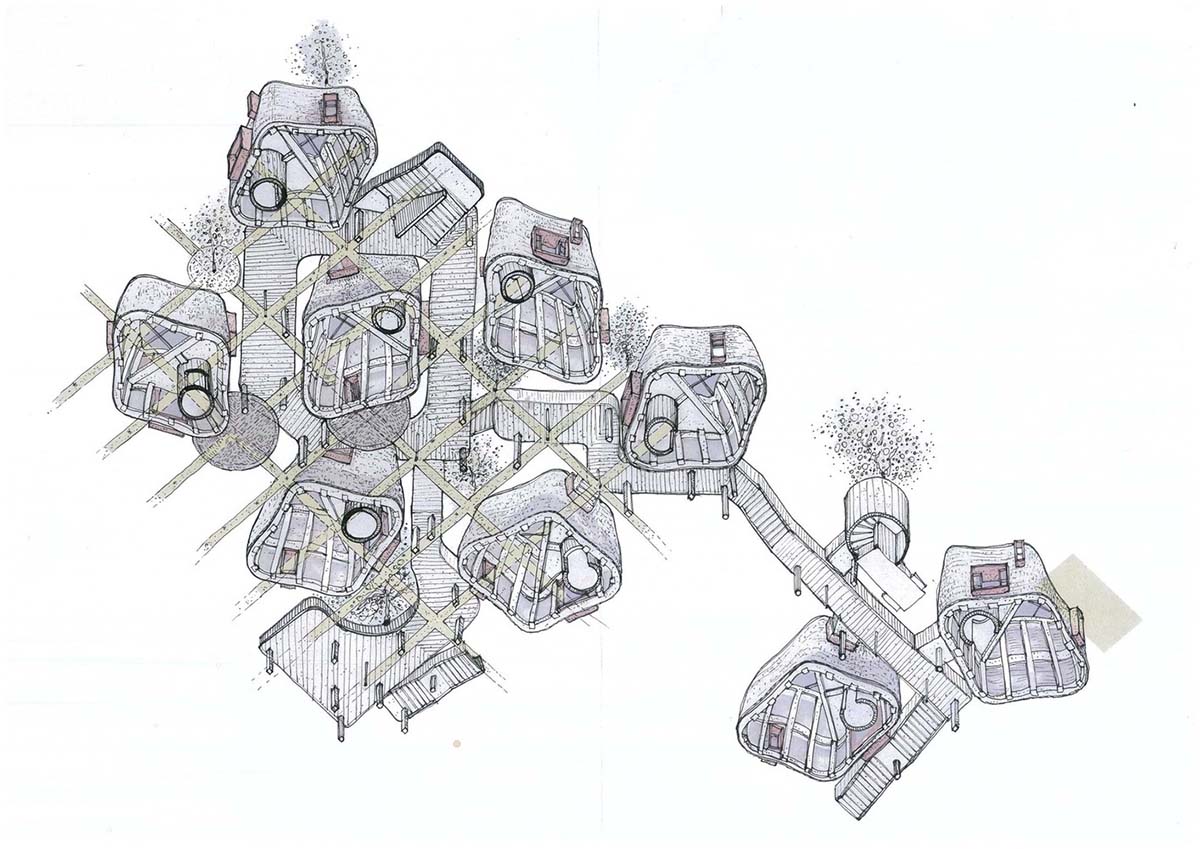 Hyperbolic vertical grottos are activated by a network of floating wooden bridges in China