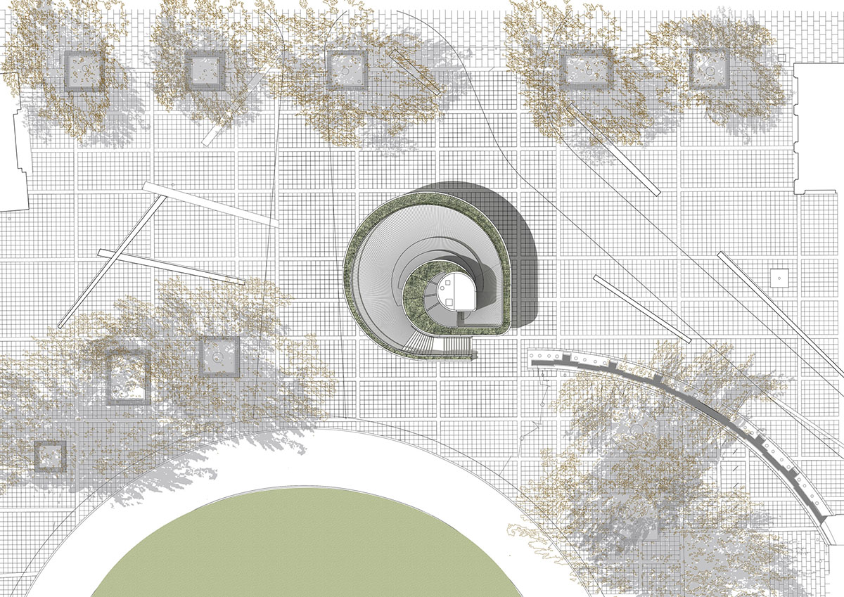 NEX designed restaurant with spiralling concrete wall and retractable curved glass system in London