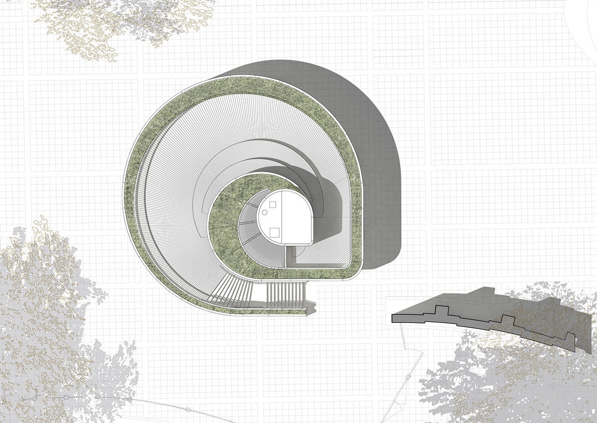 NEX designed restaurant with spiralling concrete wall and retractable curved glass system in London