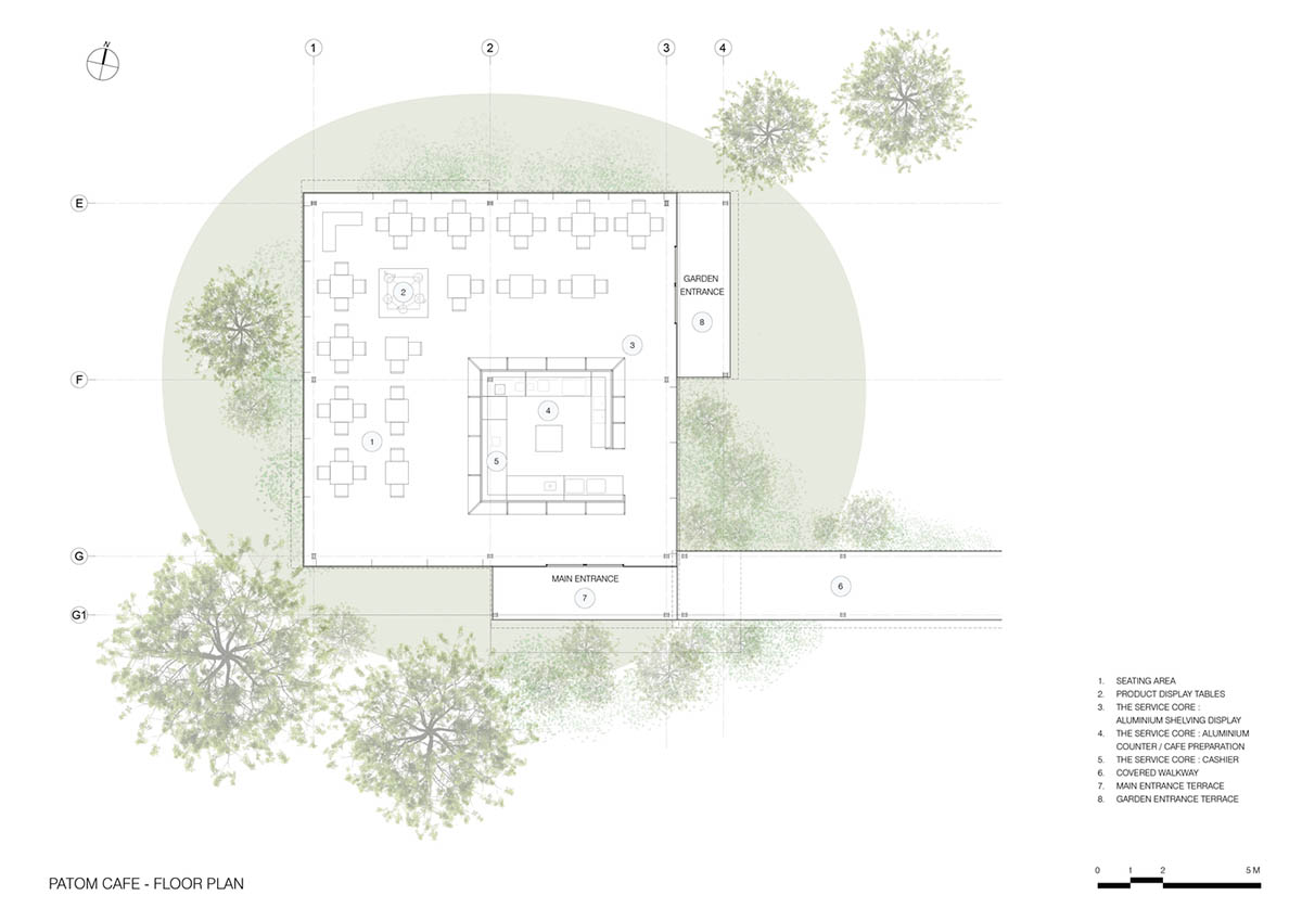NITAPROW designed Patom Cafe with four segmented roof and thatched-roof walkway in Thailand