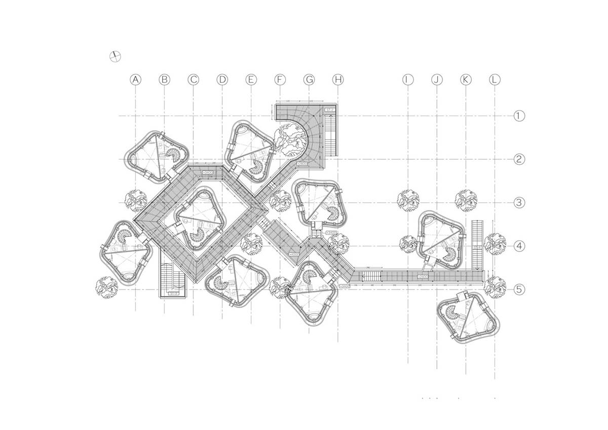 Hyperbolic vertical grottos are activated by a network of floating wooden bridges in China