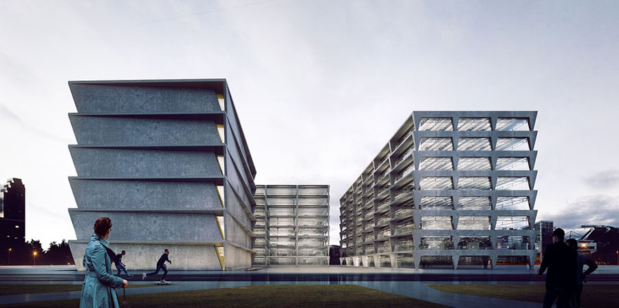 JEMS Architekci unveils plans for triangle-pillared office buildings and hotel in Warsaw
