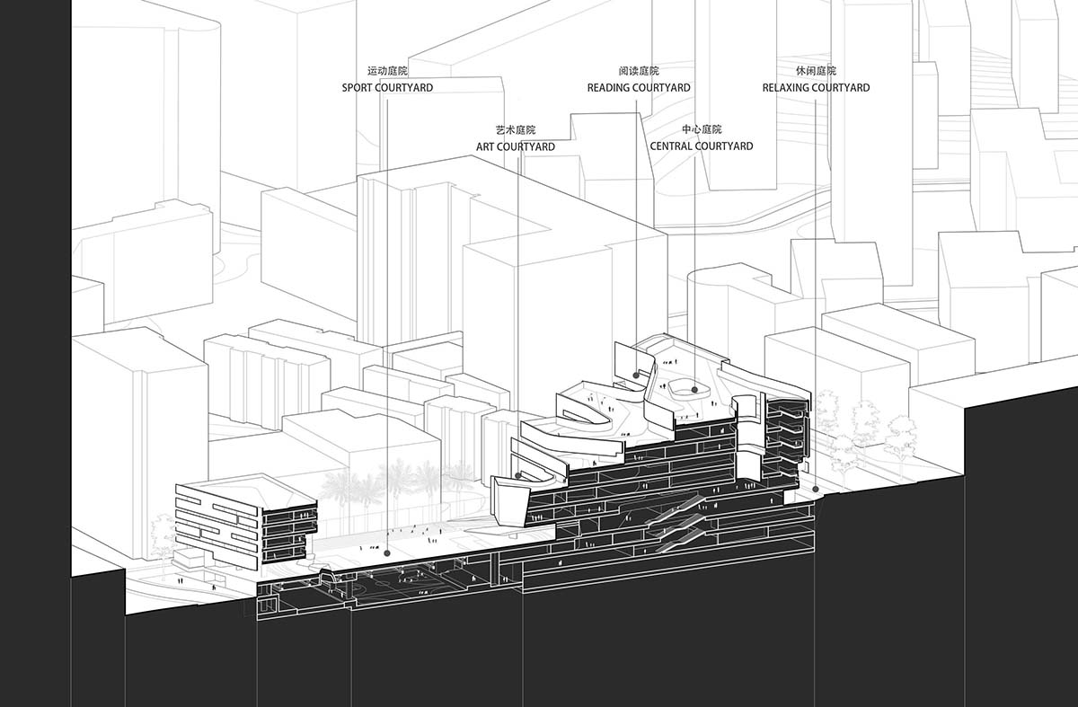 The school features large cracked slabs that serve as walls in the center of Shenzhen city