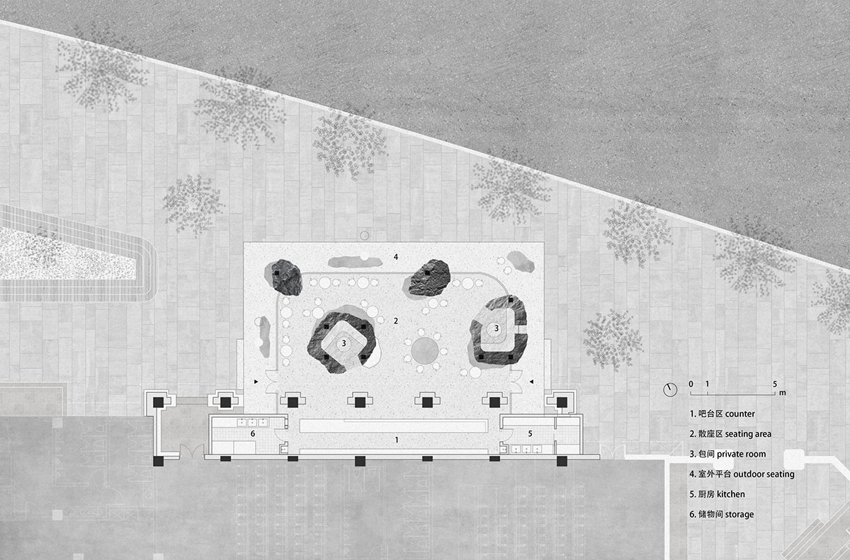 B.L.U.E. Architecture Studio adds a glazed cafe by using organic forms of stones to an open plaza