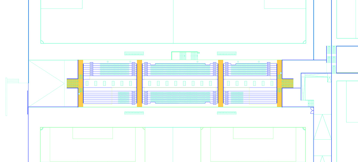 Summary highlights circulation and public areas of training facility of stadium with yellow color
