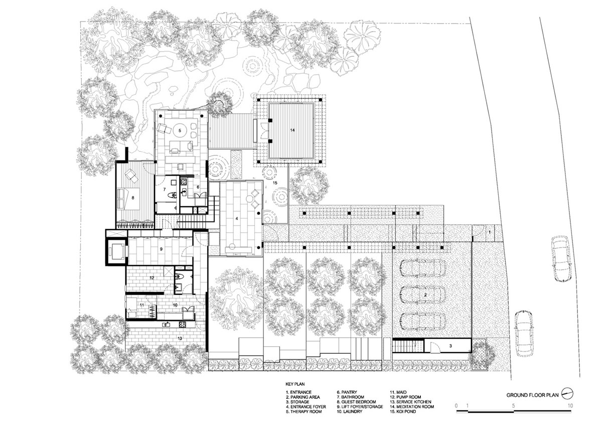 AAd built self-sustainable residence with perforated facade and steel rods in Thailand