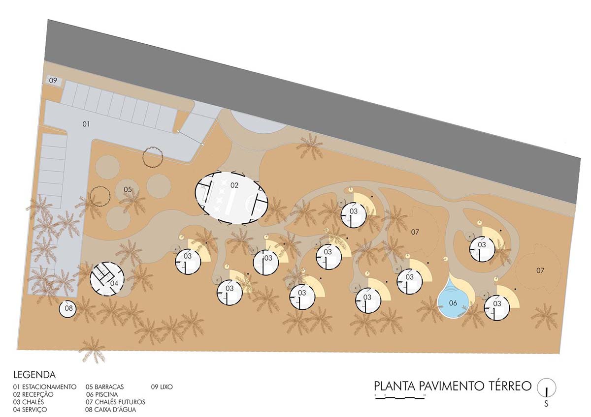 Lins Arquitetos Associados built village comprised of circular chalets overlooking coconut groves 