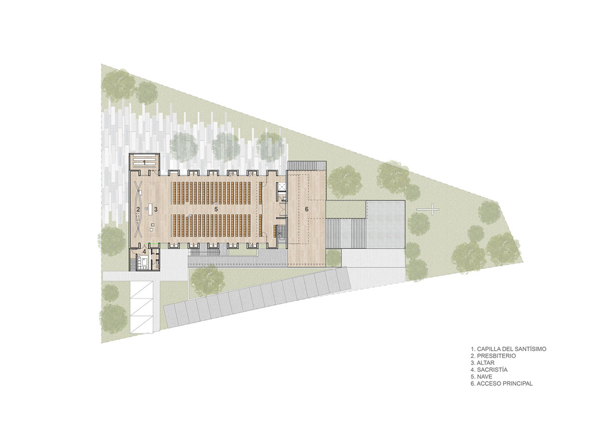 Sliced concrete walls create rhythm and allow abundant natural light for chapel in Monterrey