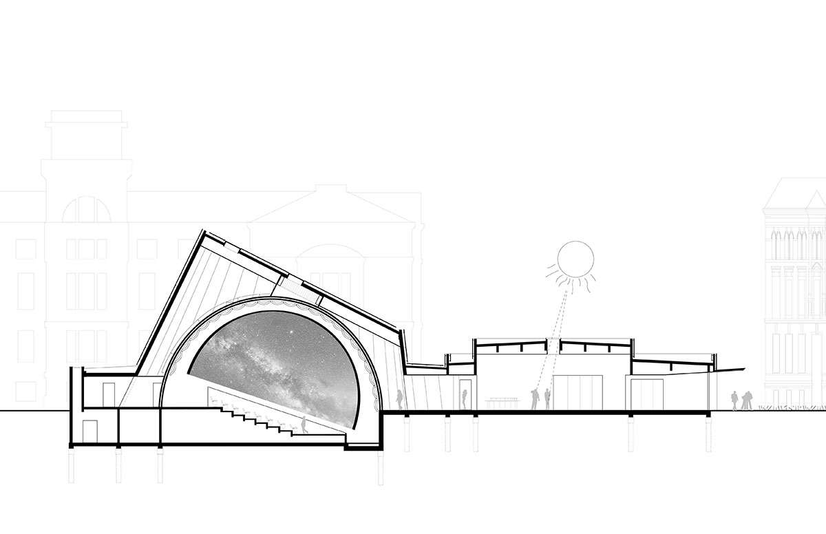 Planetarium clad in burnt wood at Université de Strasbourg evokes 19th century machine buildings