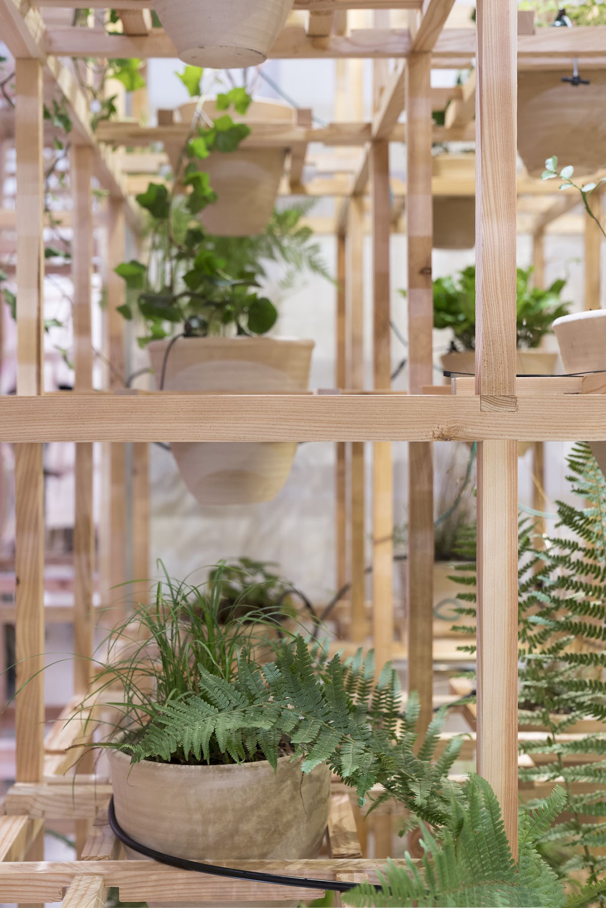 Польский павильон демонстрирует инсталляцию из деревянной матрицы с терракотовыми горшками на Триеннале в Милане 2022
