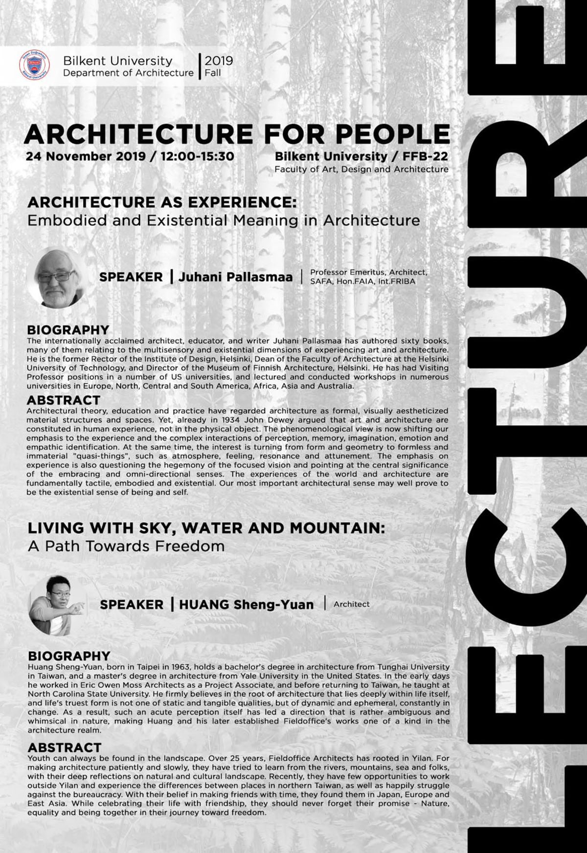 Juhani Pallasmaa and Huang Sheng-Yuan to give lecture at Bilkent University on November 24