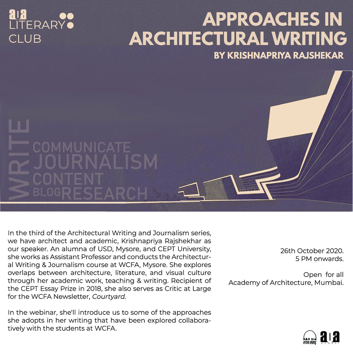 Architectural Writing And Journalism Webinar Series Published by Academy of Architecture, Mumbai