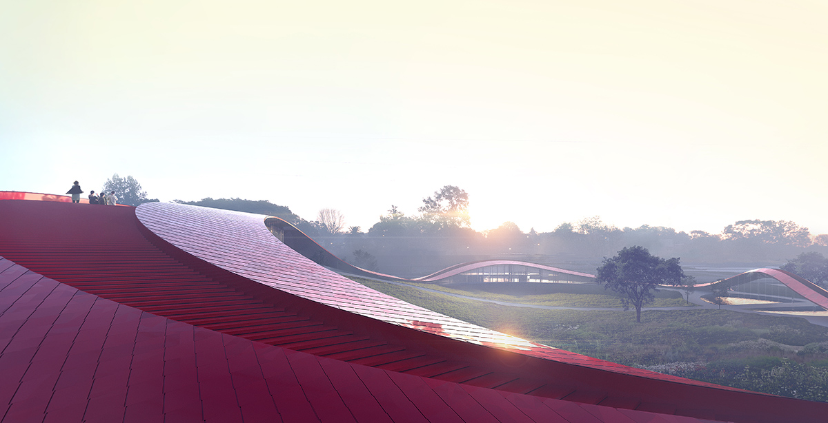 Construction starts on Powerhouse Company's red ribbon-like Exhibition Center in China