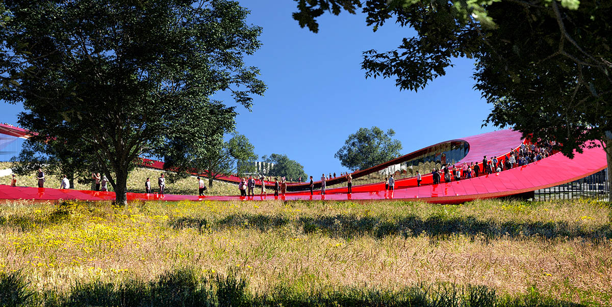 Construction starts on Powerhouse Company's red ribbon-like Exhibition Center in China