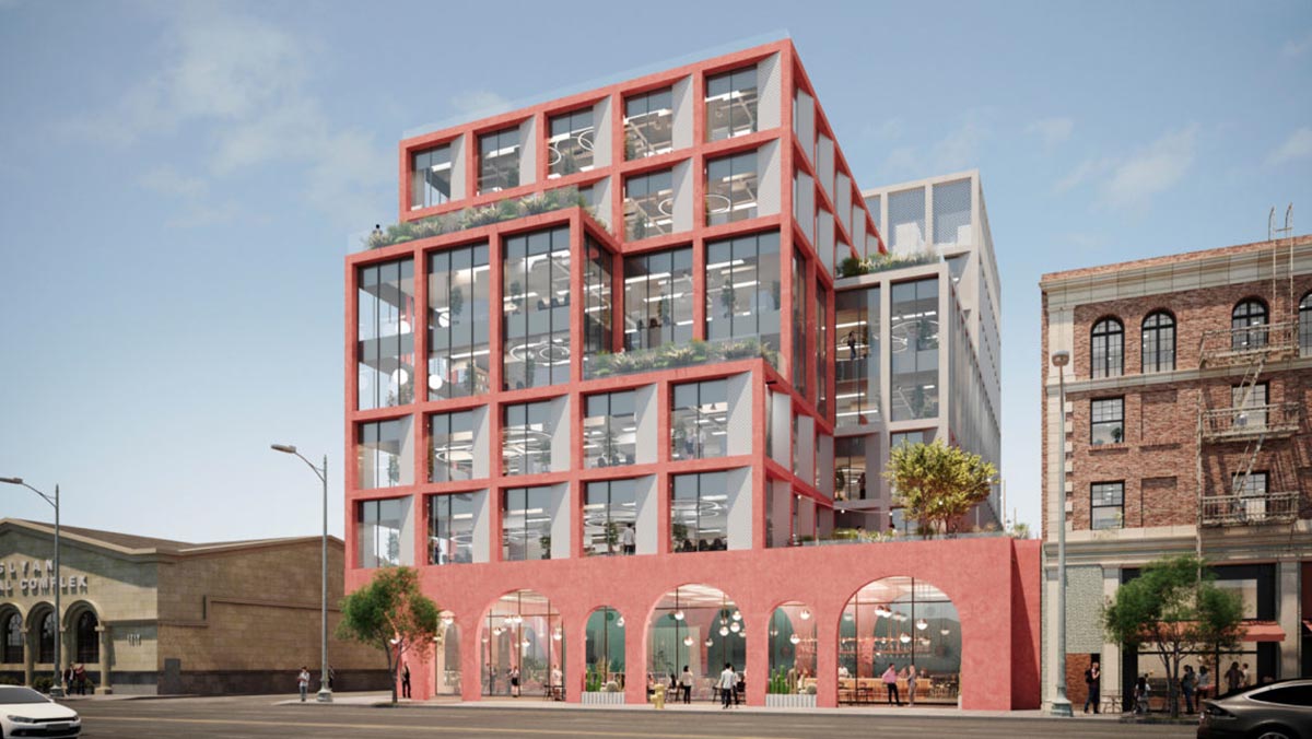 Pinkish arched colonnade and frames will mark Hawkins\Brown's new mixed-use tower in Hollywood