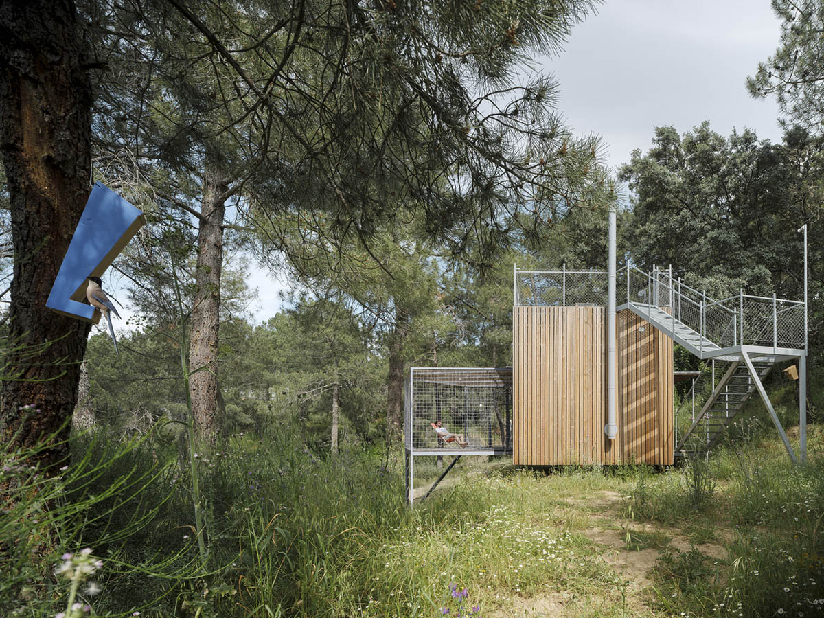 Husos Architects built multifunctional cabin that can be part of the forest's ecosystem in Spain